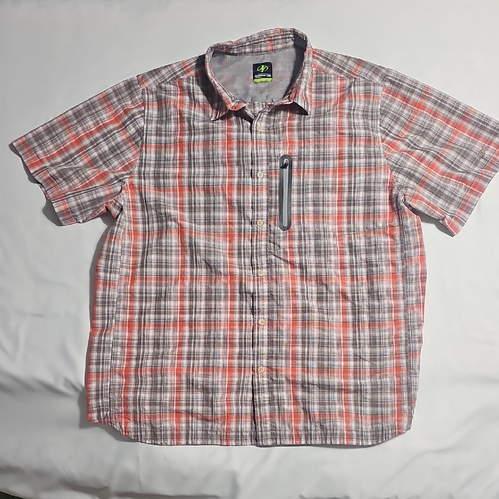 NordicTrack Mens XXL Plaid Button Down Shirt‎ Orange Grey Hiking Short Sleeve